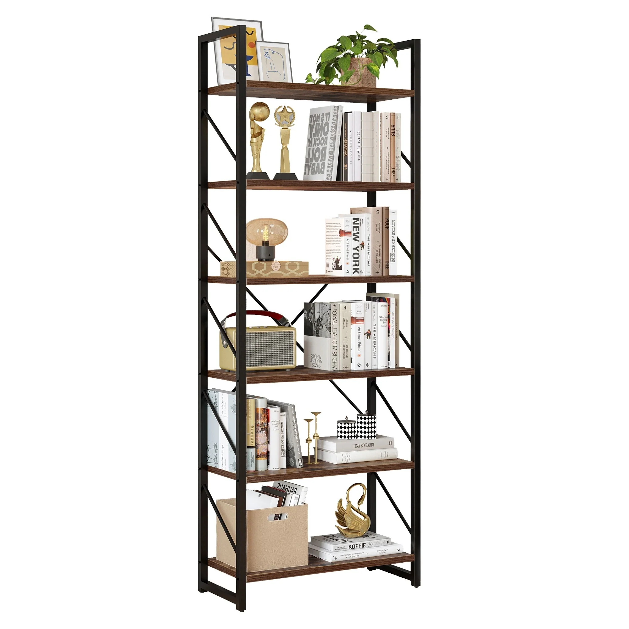 Moasis 6-Tier Bookshelf Open Storage Display Rack Industrial Bookcase