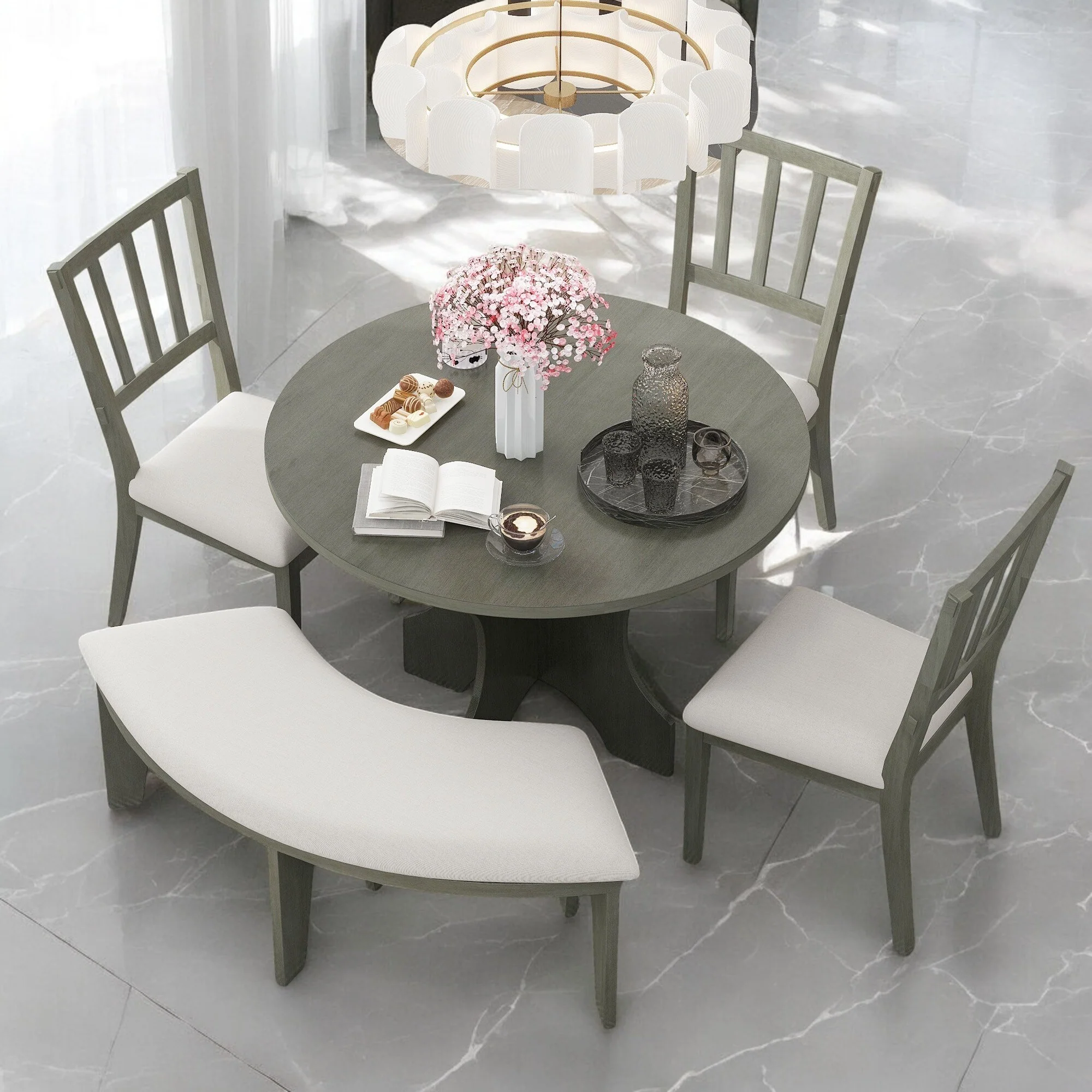 5-Piece Rustic Round Dining Set with 3 Upholstered Chairs and Curved Bench, Wood Kitchen Table for Dining Room and Kitchen