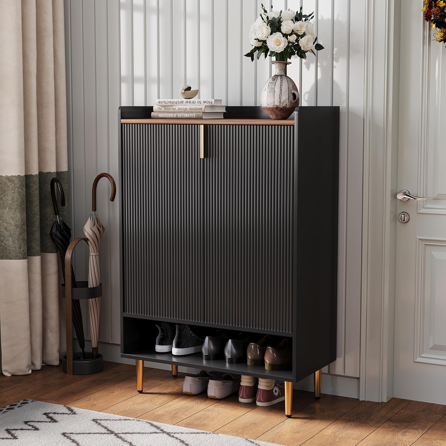 Modern Shoe Storage Cabinet, 7-Tiers Black Shoes Cabinet with Fluted Doors, 45 inch Tall Wooden Shoe Organizer with 4 Adjustable Shelves, Storage Cabinet for Entryway, Hallway, Front Door