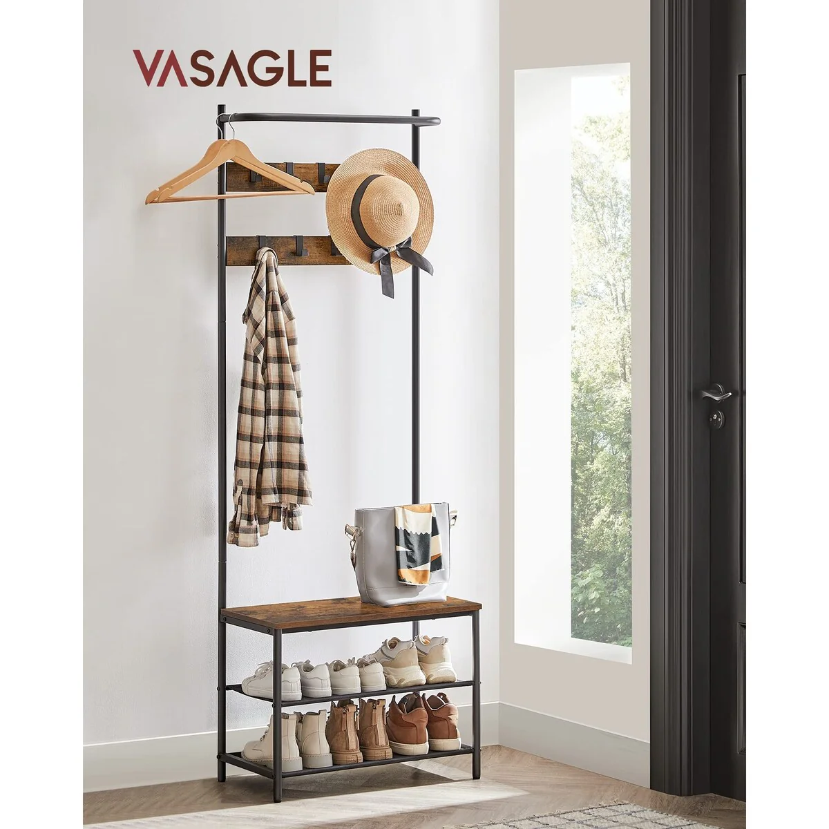 Hall Tree with Bench and Shoe Storage 9 Movable Hooks, Top Bar, Fabric Shelves, Industrial, Rustic Brown and Black UHSR411B01