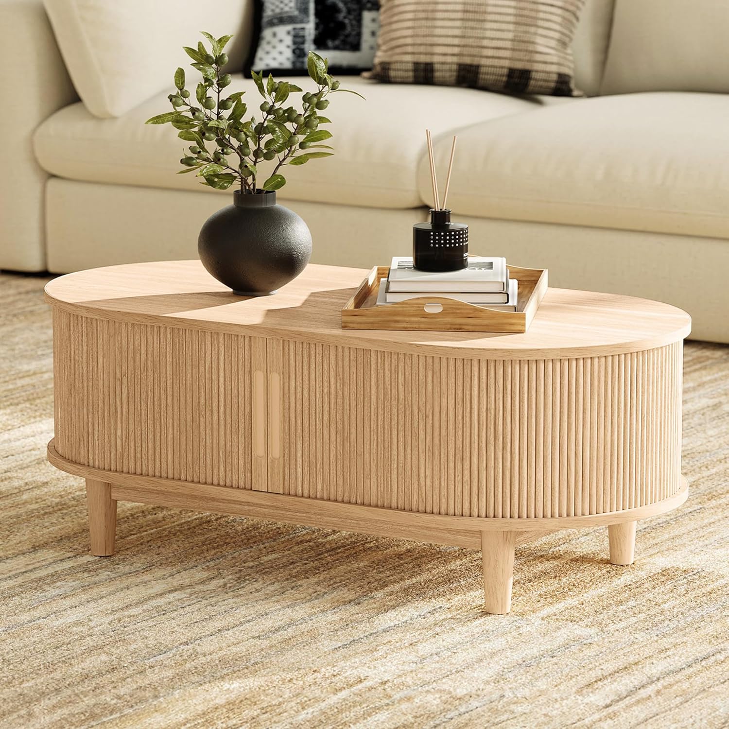 LINSY HOME Oval Coffee Table, Wood Coffee Table with Storage, Fluted Accent Center Table with Sliding Tambour Door, 39 Boho Coffee Tables for Living Room, Bedroom, Apartment, Oak
