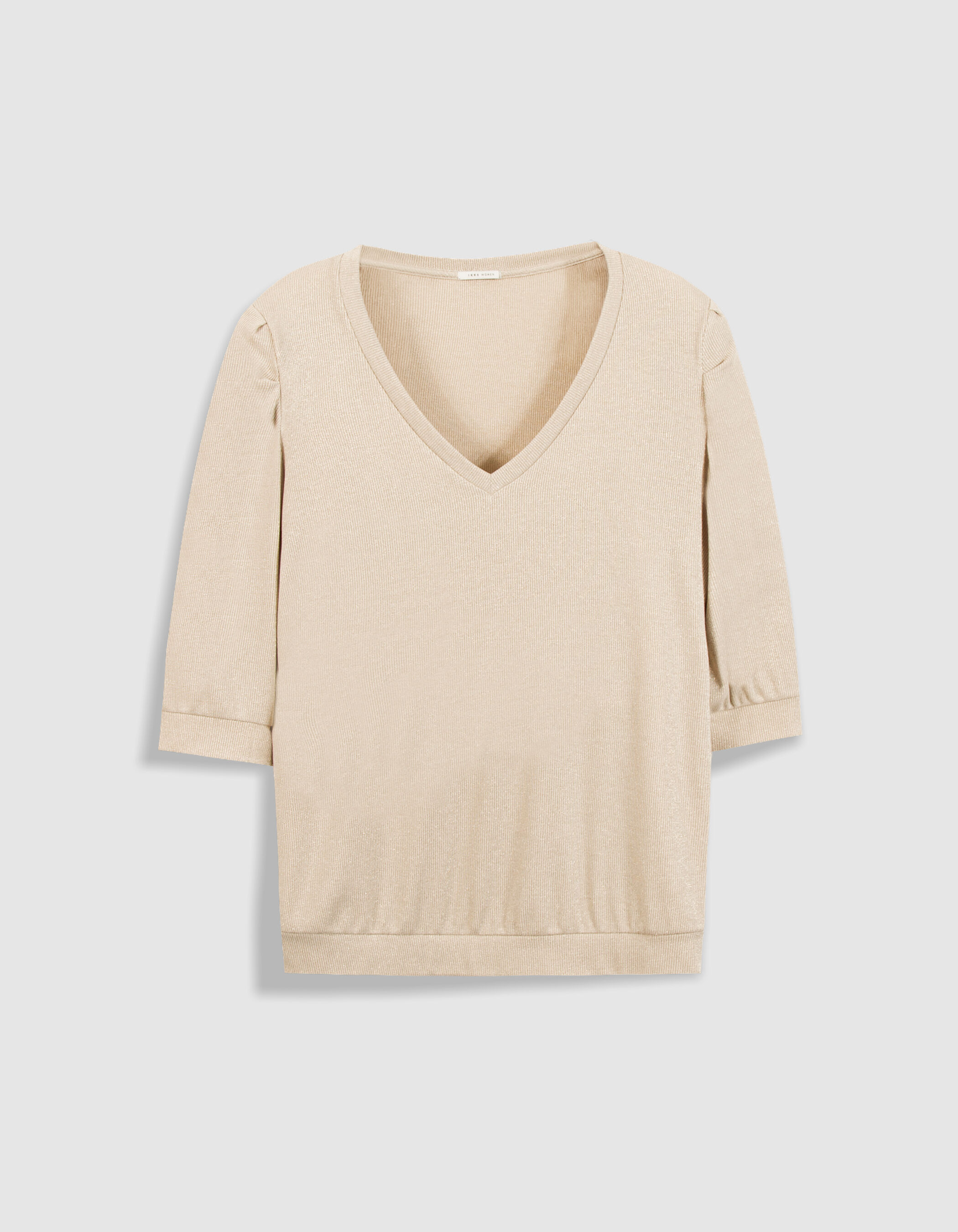 Tee-shirt col V argenté maille côtelée à épaulettes Femme