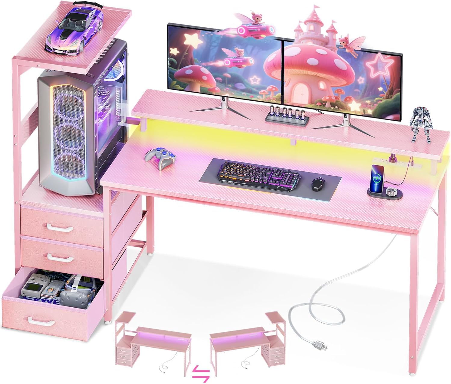 AODK 59 Inch Gaming Desk with USB Charging Ports & LED Light- Reversible Computer Desk with Storage Shelves & Monitor Stand, Modern Gamer Desk Table with Fabric Drawers, Pink