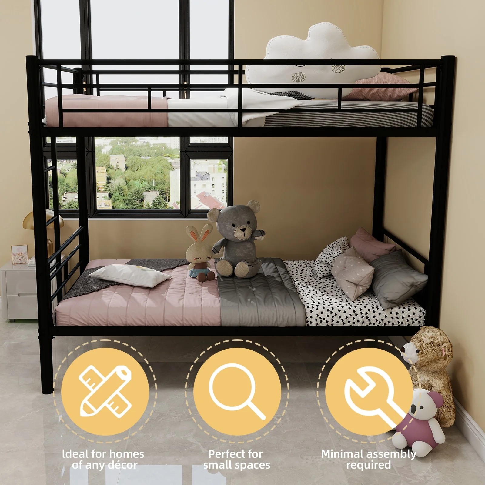 Twin Over Twin Metal Bunk Bed for Kids Boys Girls,Metal Structure Bedframe with Ladders & Guardrail,Convertible 2 Beds