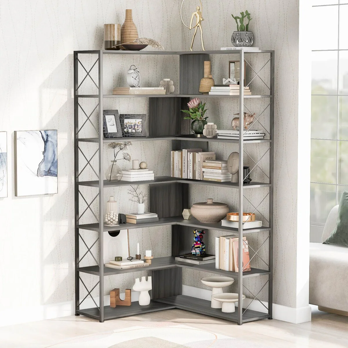 7-Tier L-Shaped Corner Bookcase Home Office Bookshelf with Metal Frame with Open Storage and MDF Board