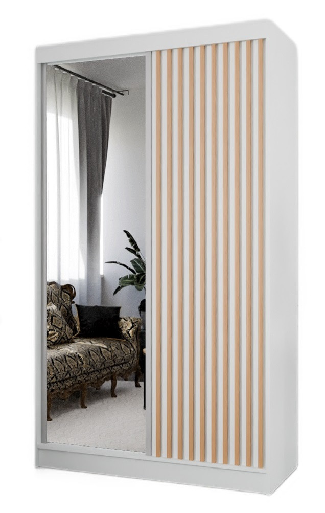 Szafa z lamelami i lustrem 120 cm - biała   lam. craft złoty