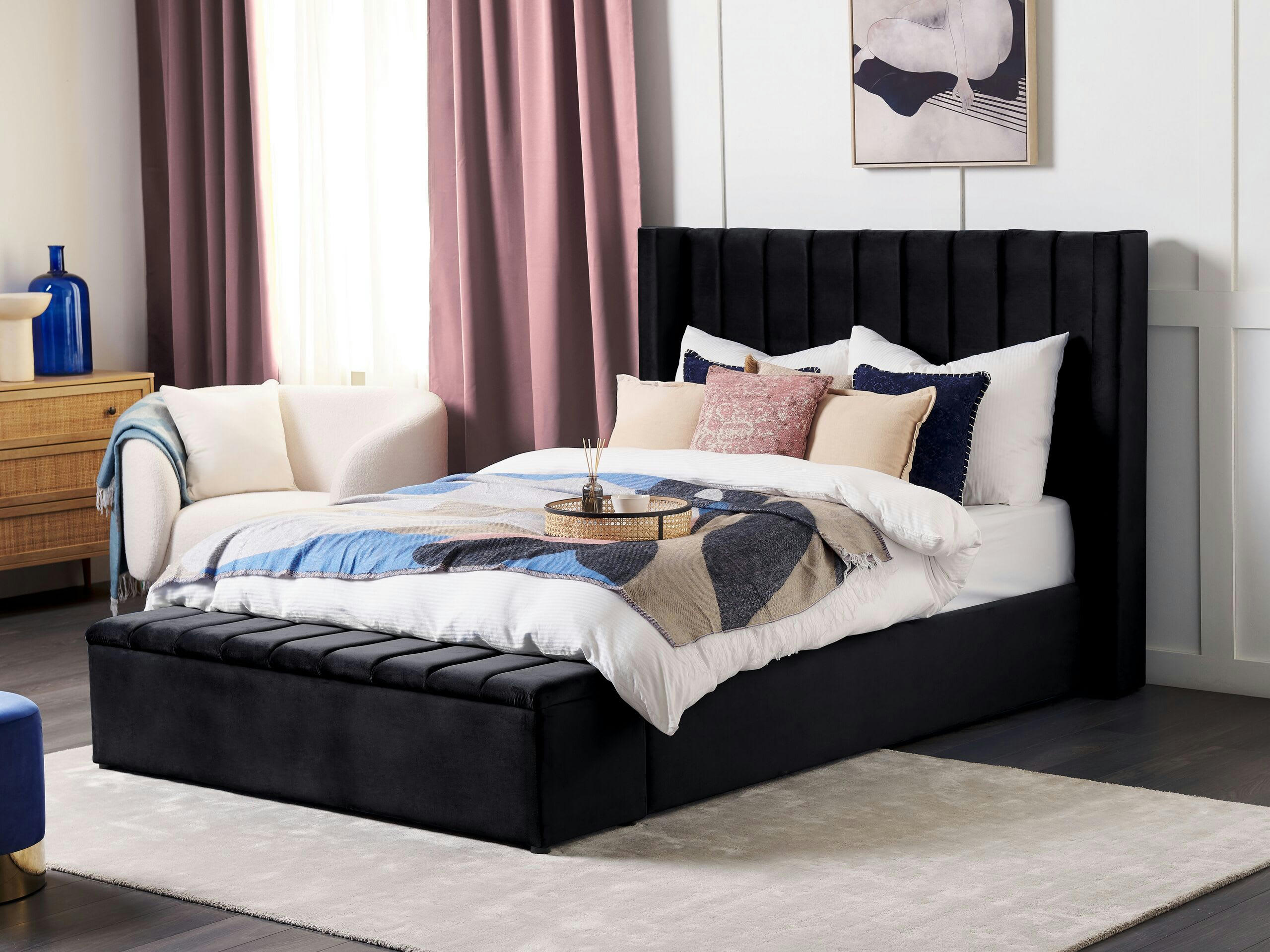 NOYERS - Lit double en tissu noir 140x200