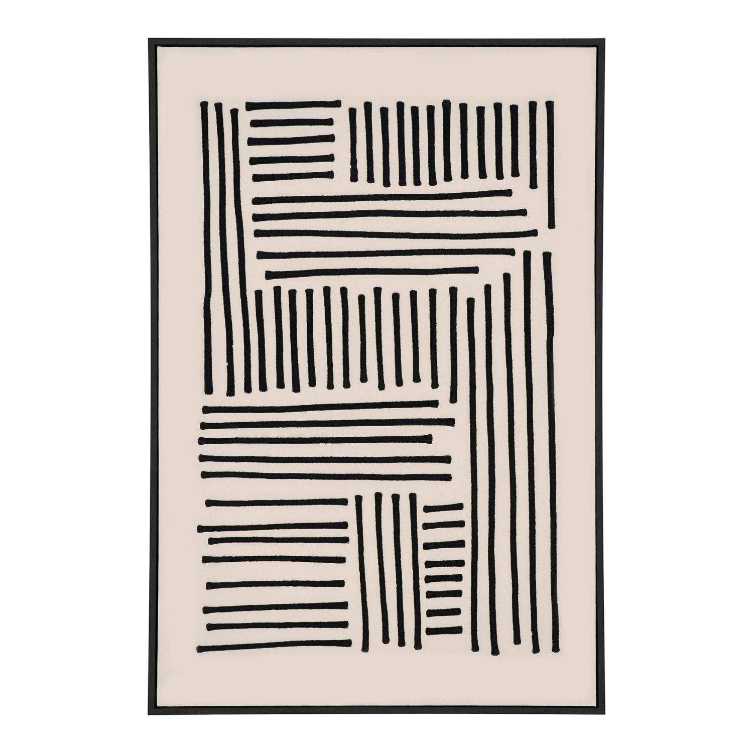 Tableau abstrait noir et blanc lignes graphiques avec cadre 100x140 cm