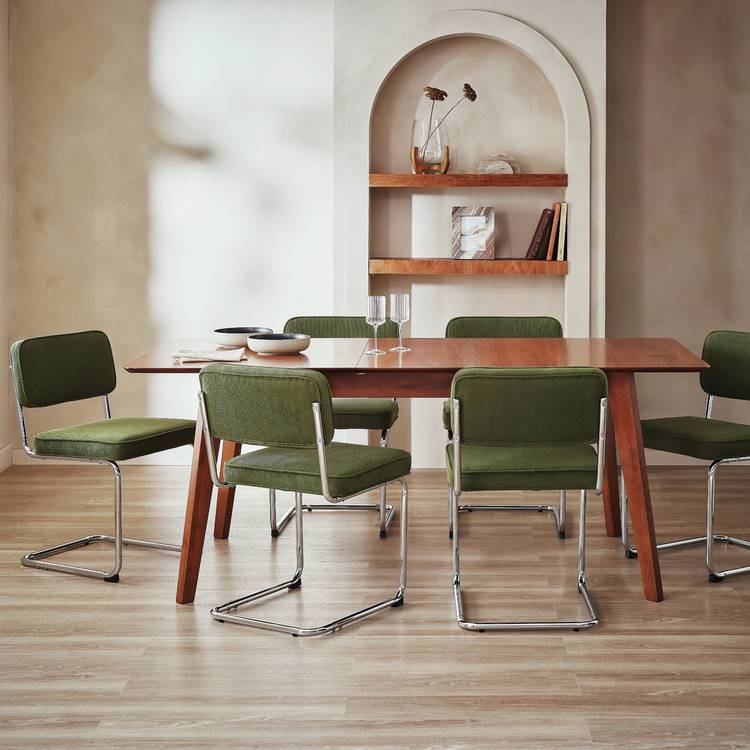 Habitat Callan Extend Walnut Dining Table & 6 Green Chairs