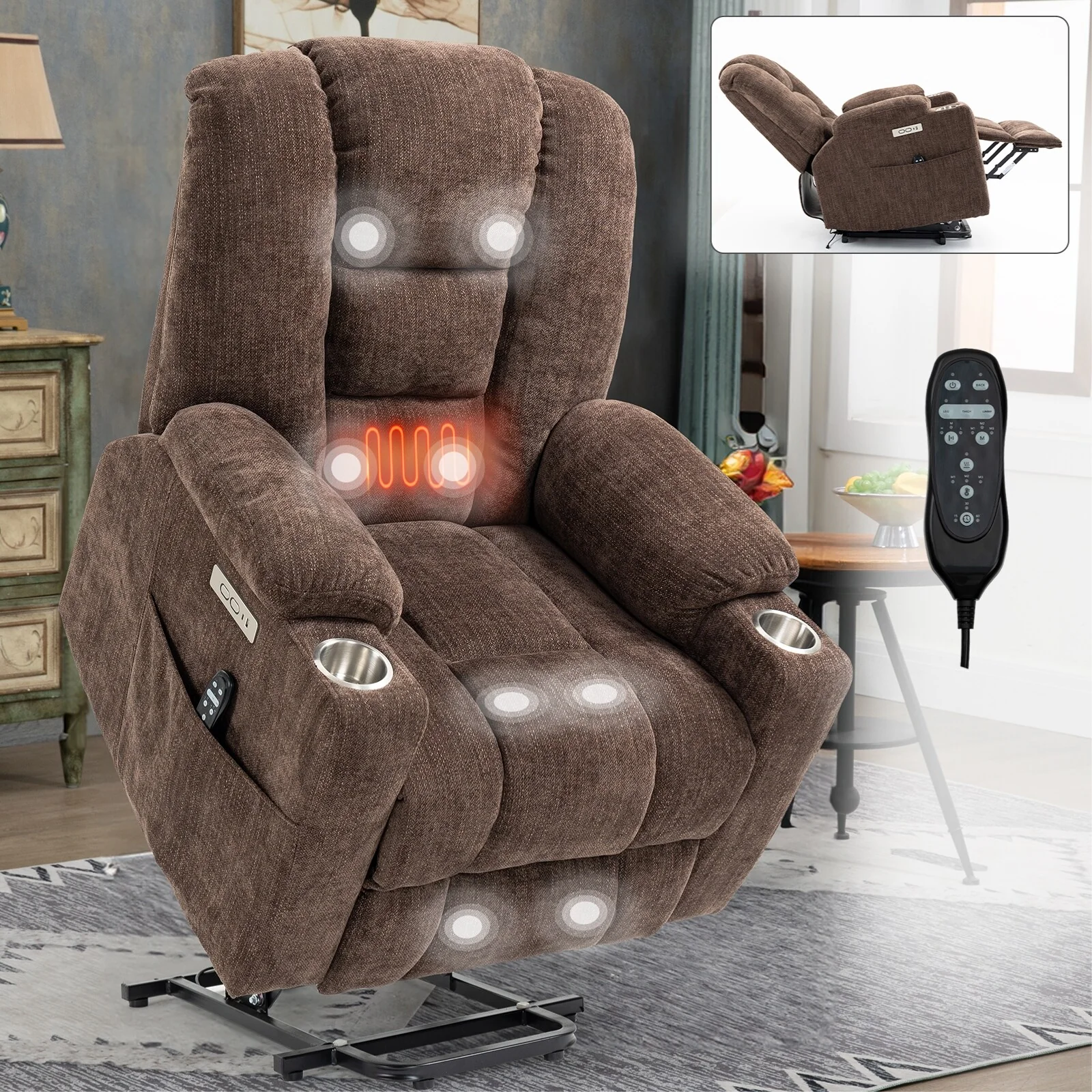 Grey Large Power Lift Recliner with Heat, USB & Cup Holders