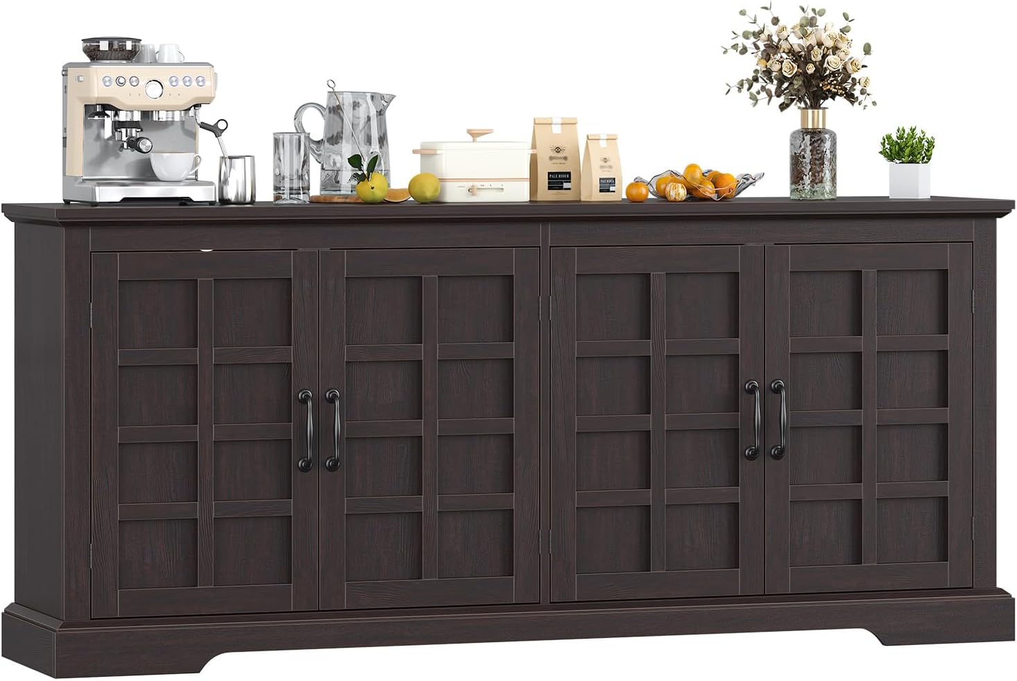 70 Sideboard Buffet Cabinet with Storage, Coffee Bar Cabinet with and 4 Doors, Long Wider Storage Cabinet Modern Farmhouse, Brown Wood, for Kitchen, Dining Room, Living Room