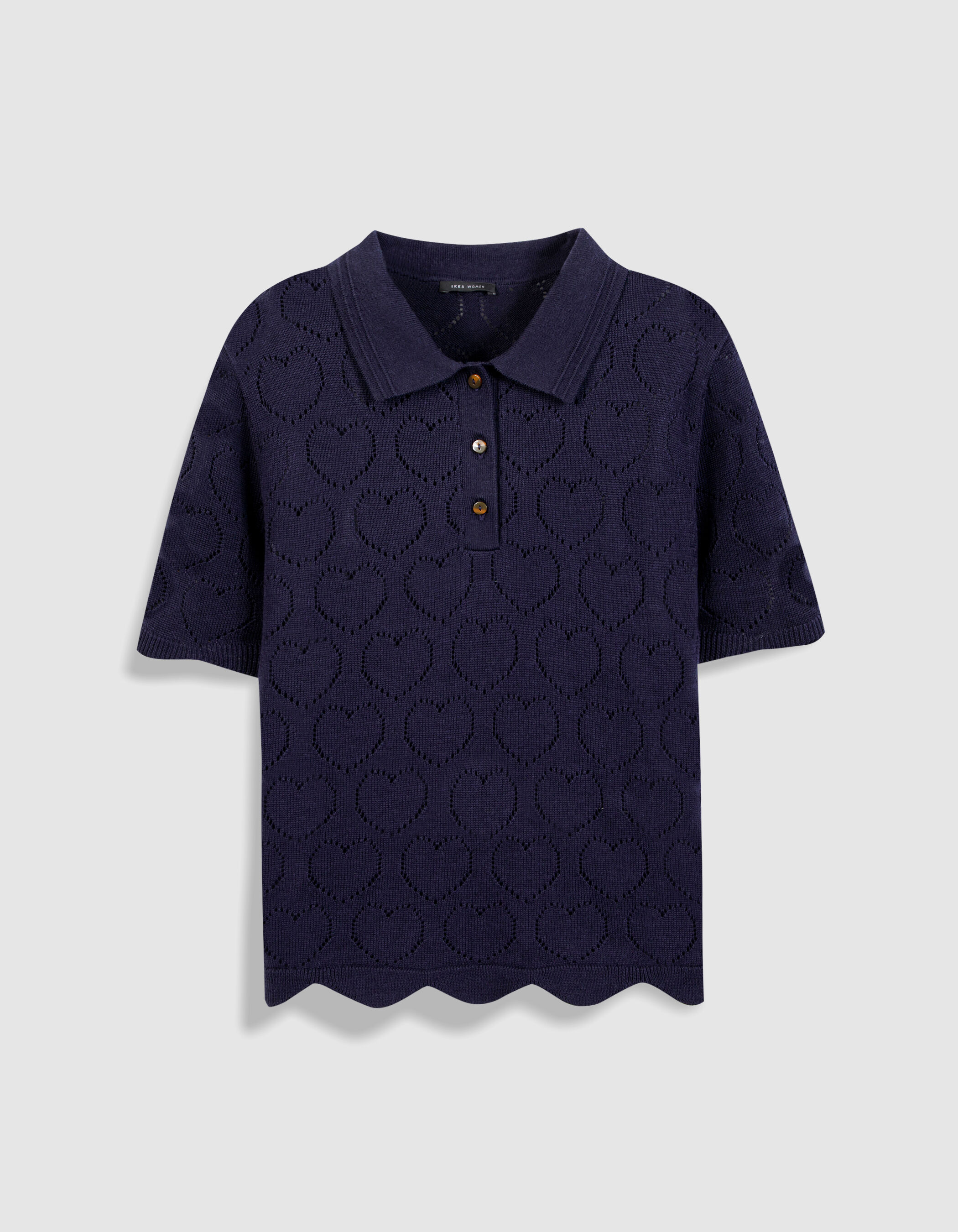 Pull col polo marine tricot ajouré cœurs Femme