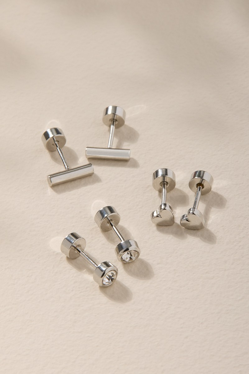 Lara Mixed Style Silver Stud Earring Set