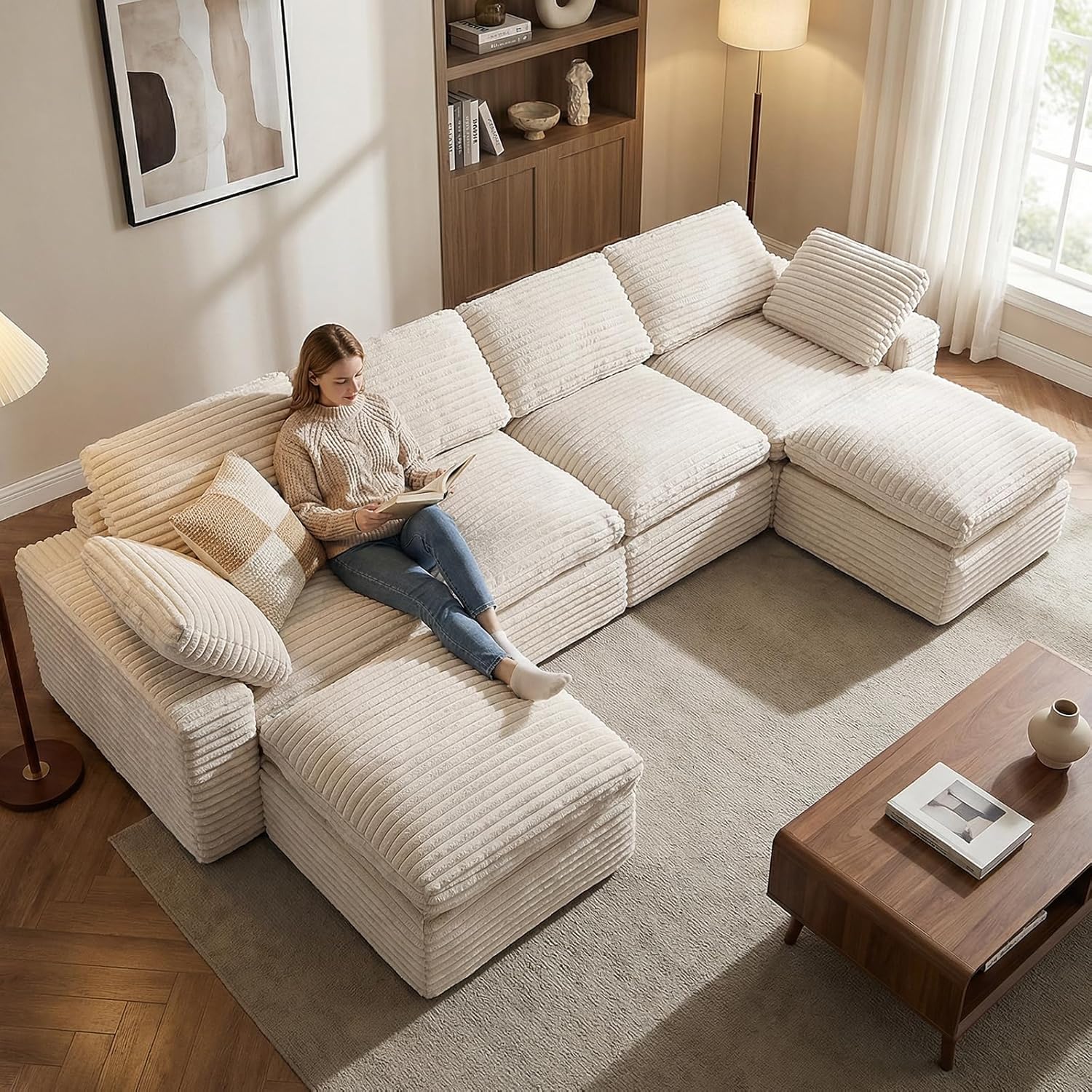 KKL 150 U Shaped Sectional Modular Boneless Sofa, 6 Seater Cloud Couch with Ottoman, Corduroy Sectional Couches for Living Room Bedroom, Beige