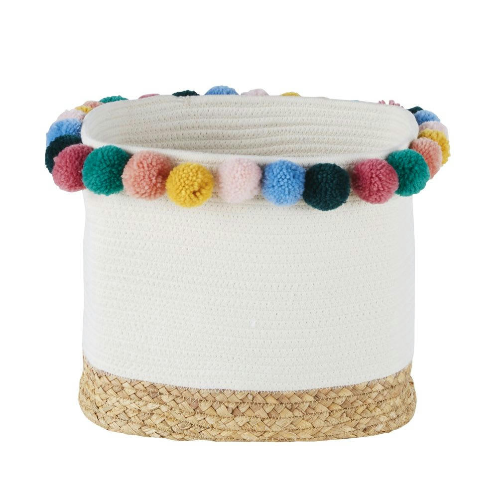 MADRID - Panier de rangement beige avec pompons multicolores