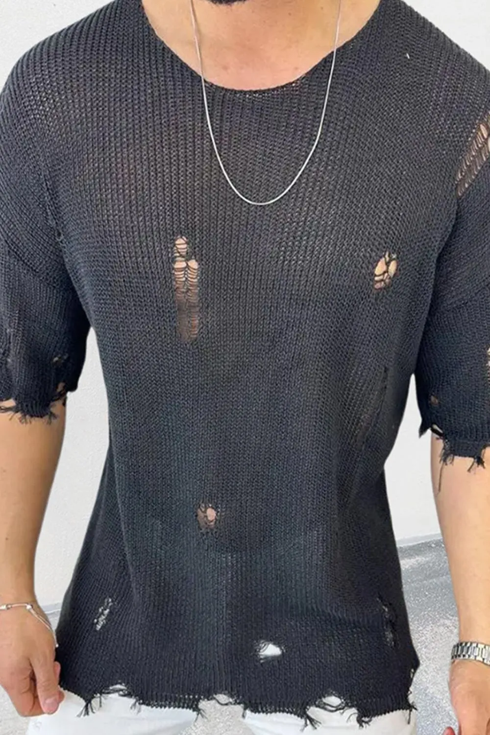 Men's Distressed Round Neck Knit Top
