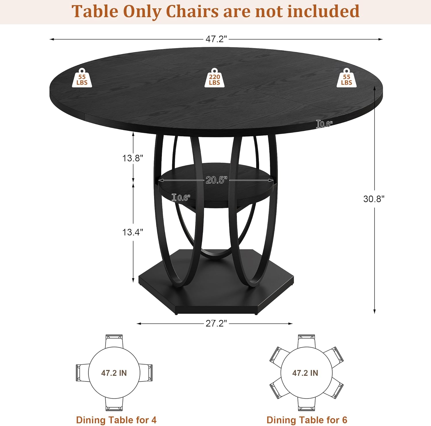 47.2 Black Round Dining Table for 4-6, Circle Kitchen Table with Open Storage Shelf, Modern Wooden Dinner Table with Metal Pedestal Base, Dining Room Tables for Kitchen Small Space