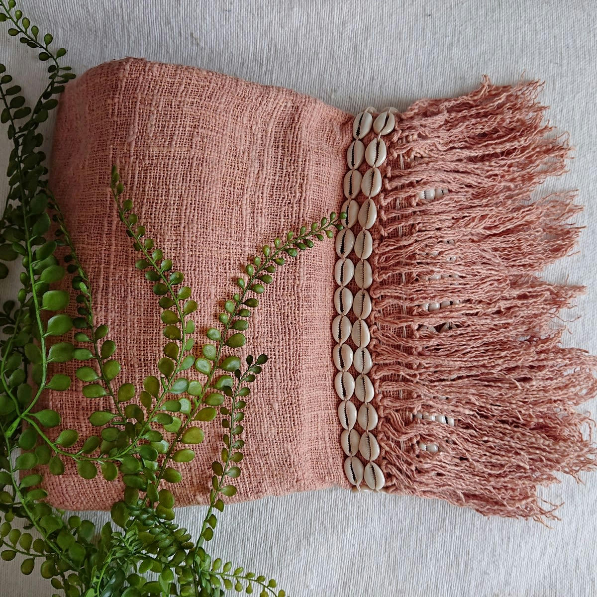 CANGA - Plaid en coton avec coquillages, coral 200x140 cm