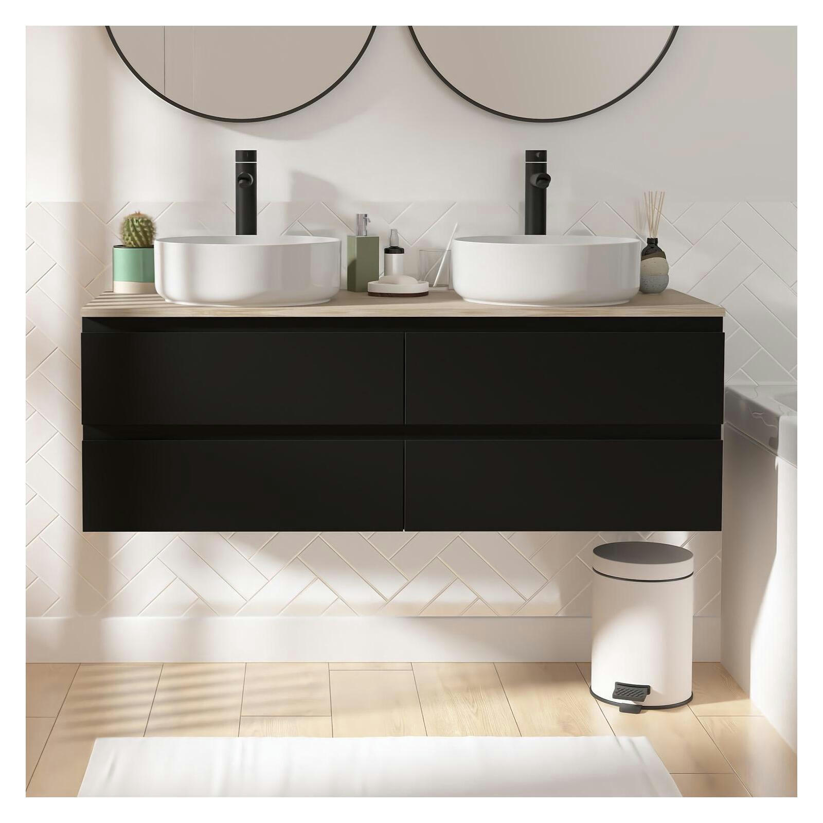 SORRENTO - Meuble double vasque 120cm avec plan bois  Noir +  vasque