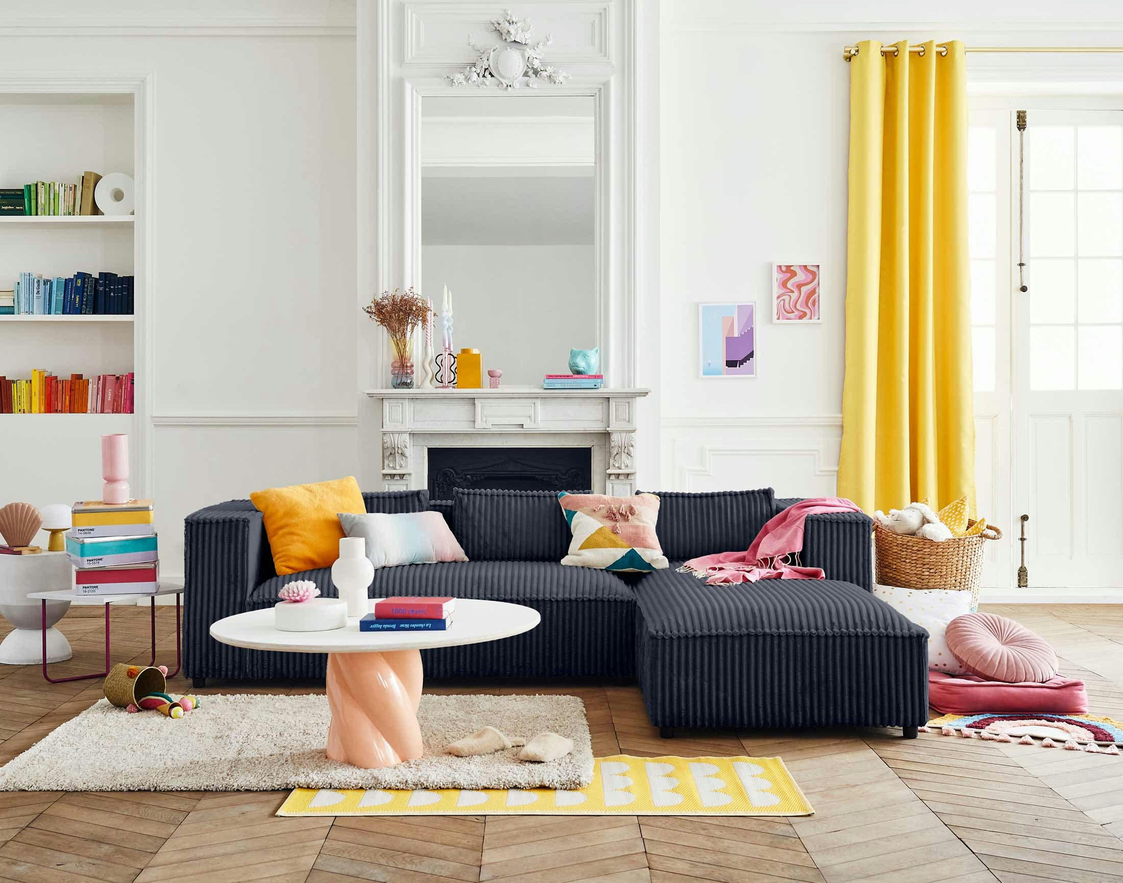 STELLA - Canapé d'angle droit 4 places en velours grosses côtes bleu marine