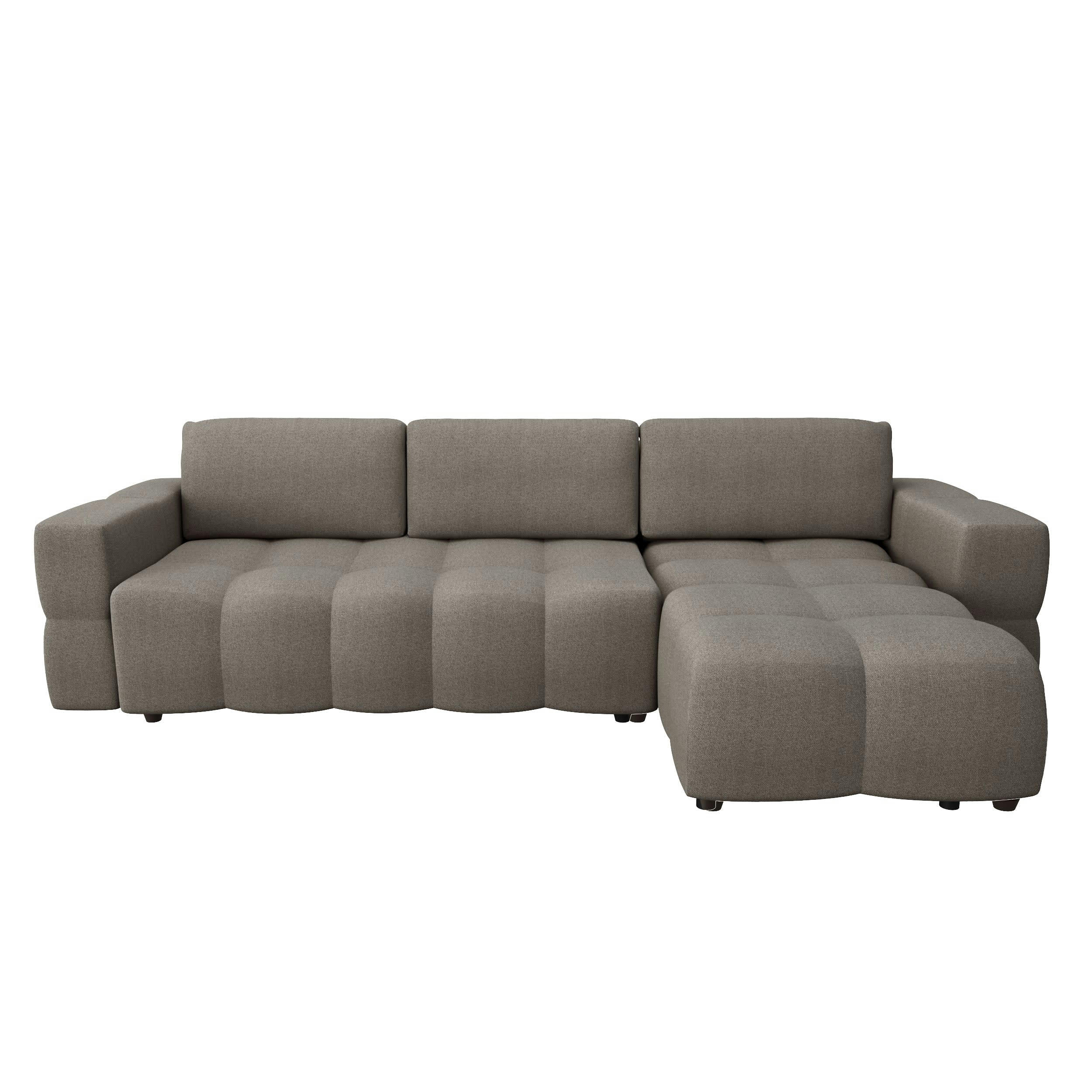 GABRIEL - Canapé d'angle droit convertible coffre tissu tramé taupe 260x180cm