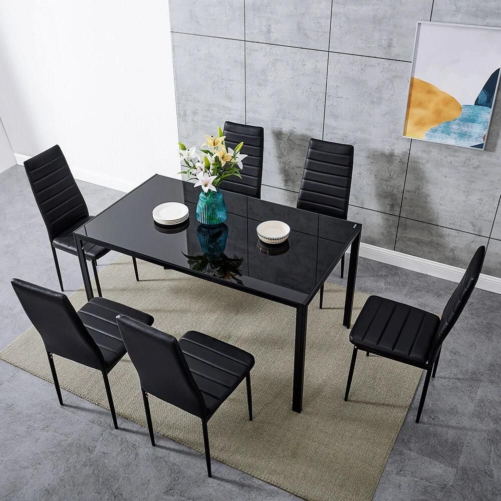 KOSY KOALA Black Glass Table set with 6 Black Faux Leather Chairs Home Furniture
