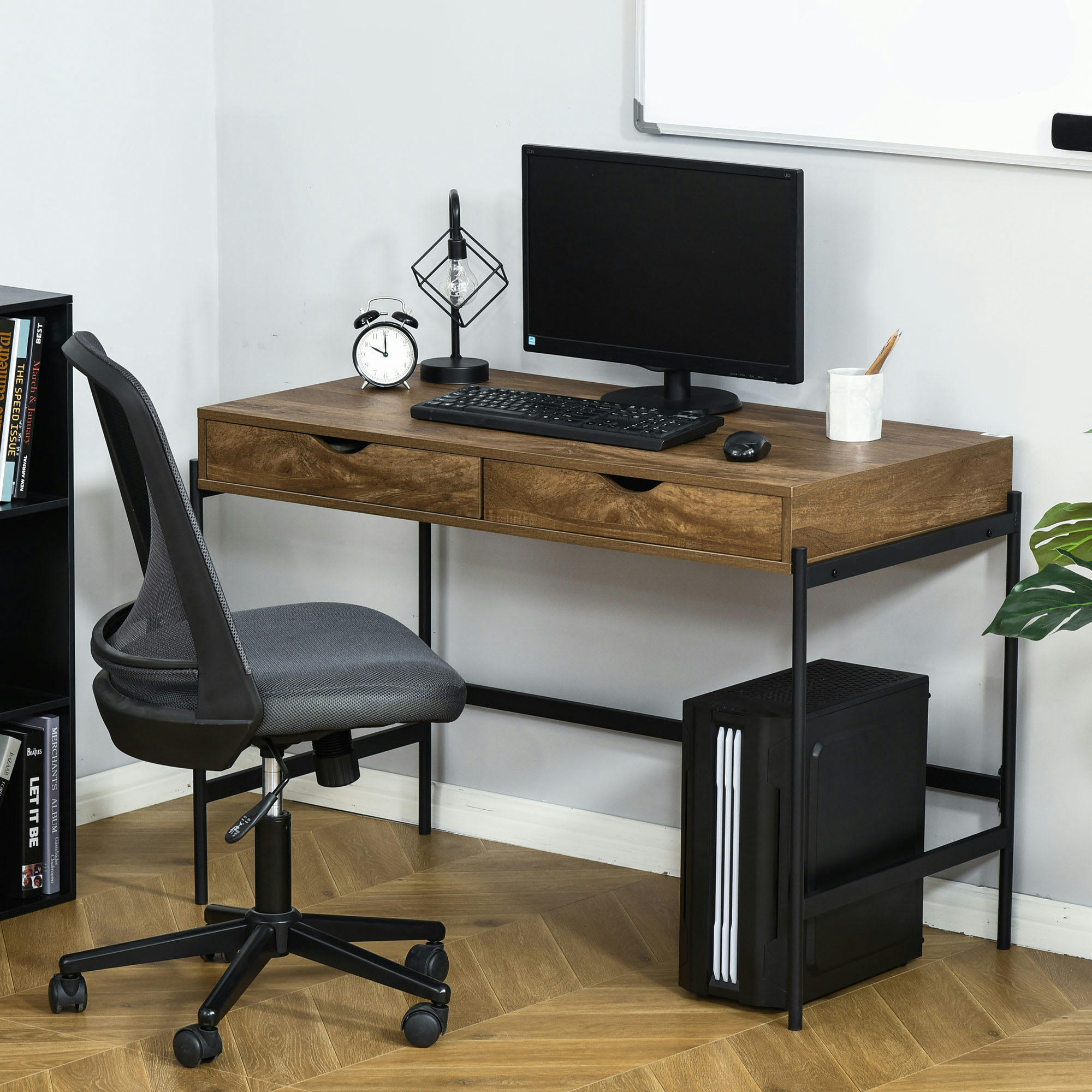 - Bureau industriel 2 tiroirs piètement métal noir plateau aspect bois