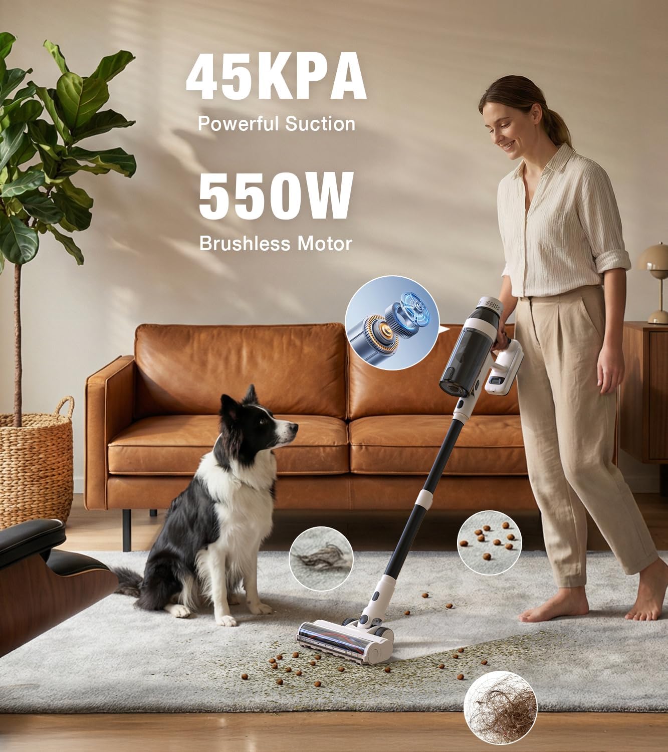 Cordless Vacuum Cleaner, 55Mins Vacuum Cleaners for Home, 15-in-1 Self-Standing Stick Vacuum with LED Light, Anti-Tangle & Wall Mount Charge, Lightweight Vacuum for Hard Floors Carpets Pet Hair
