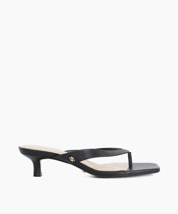 Manic Black - Square Toe Kitten Heel Flip Flop Thong Sandals