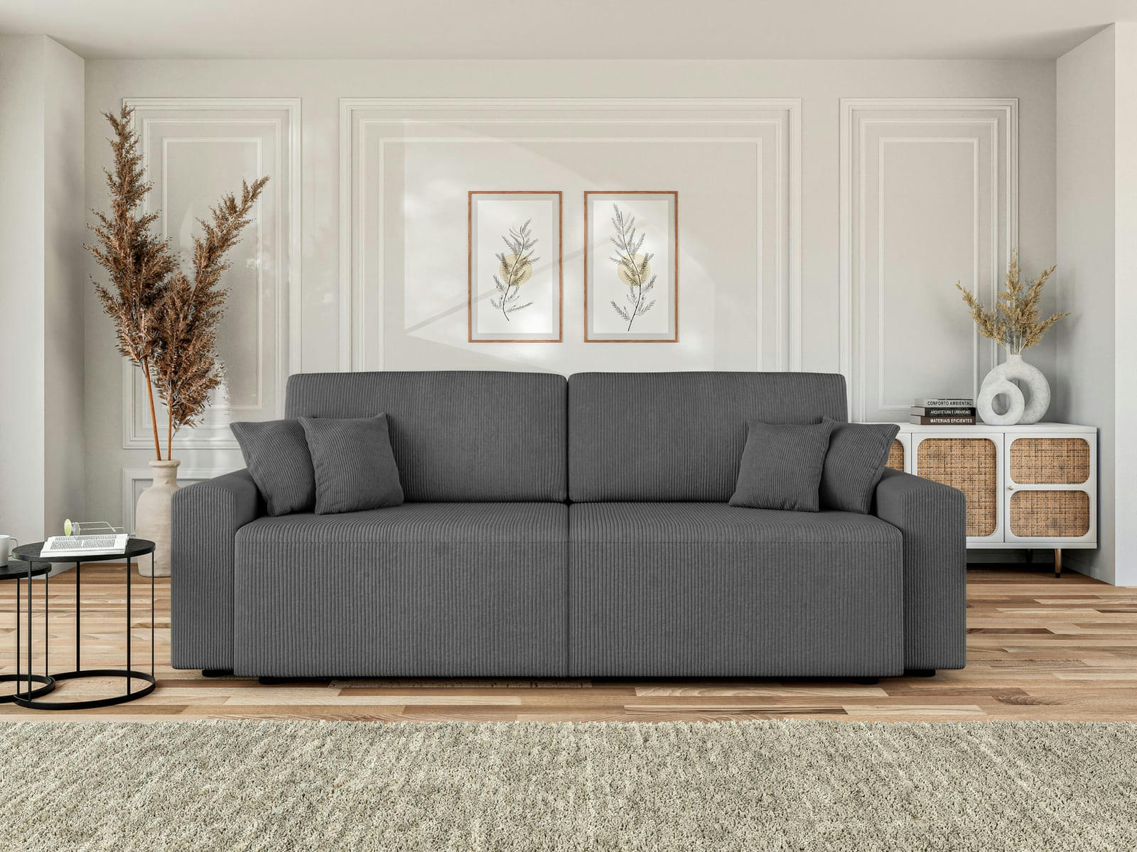 MILO - Canapé droit convertible en velours côtelé 3 places gris souris