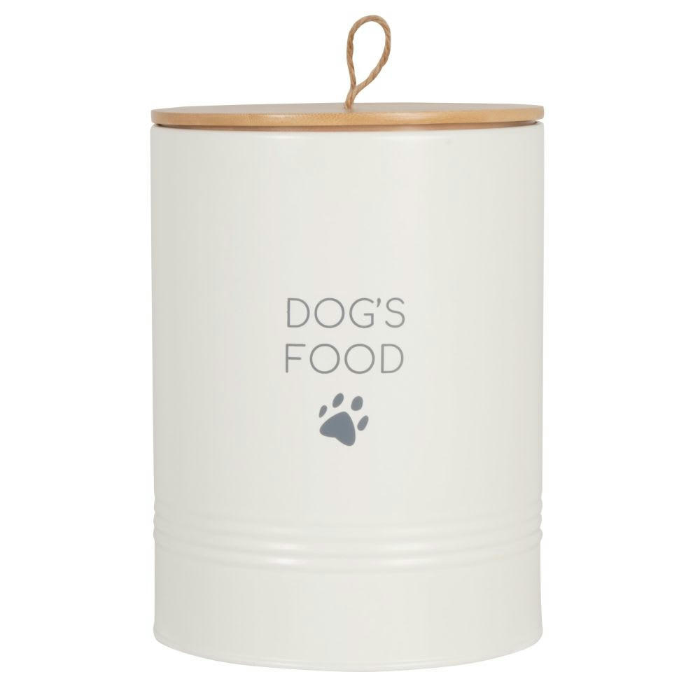 DOGGY - Boîte à croquettes pour chien en métal blanc et couvercle en bambou
