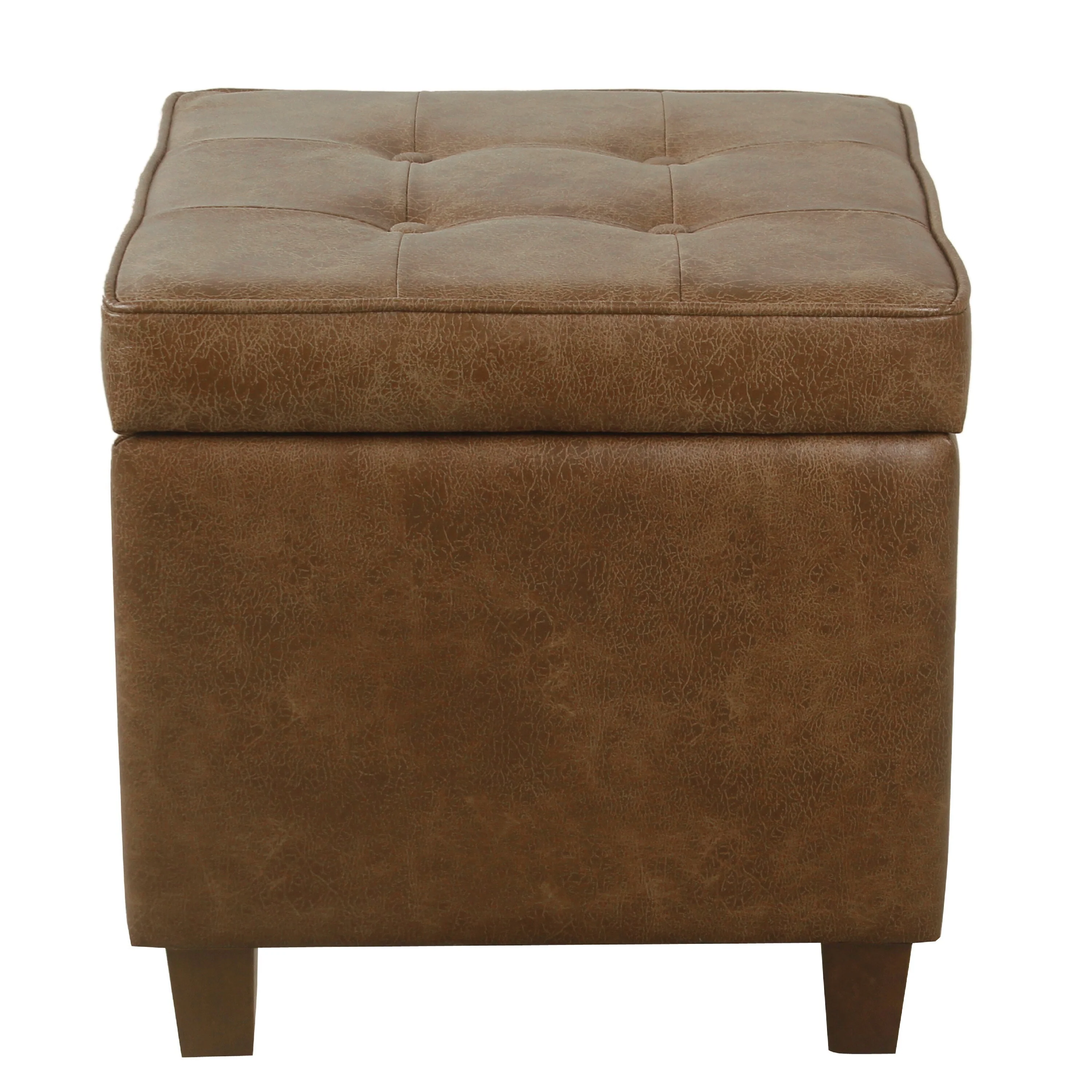 Hery Storage Ottoman, 18 Inch Square Tray Top, Brown Faux Leather