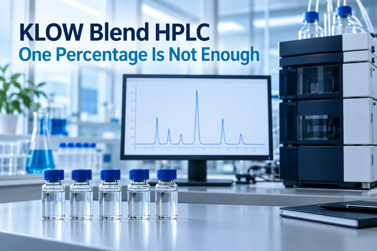 Laboratory chromatography scene with multiple peptide vials, an HPLC trace, and concise KLOW blend analytical comparison text.