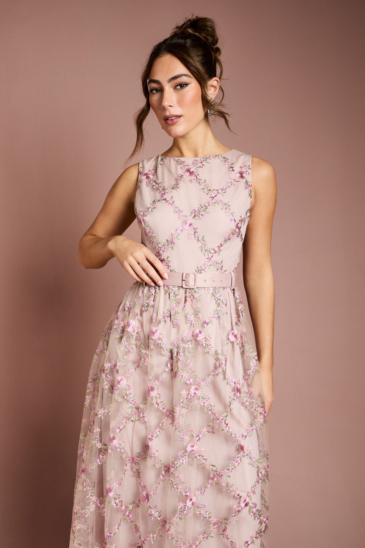 Coast Metallic Floral Embroidered Mesh Midi Dress