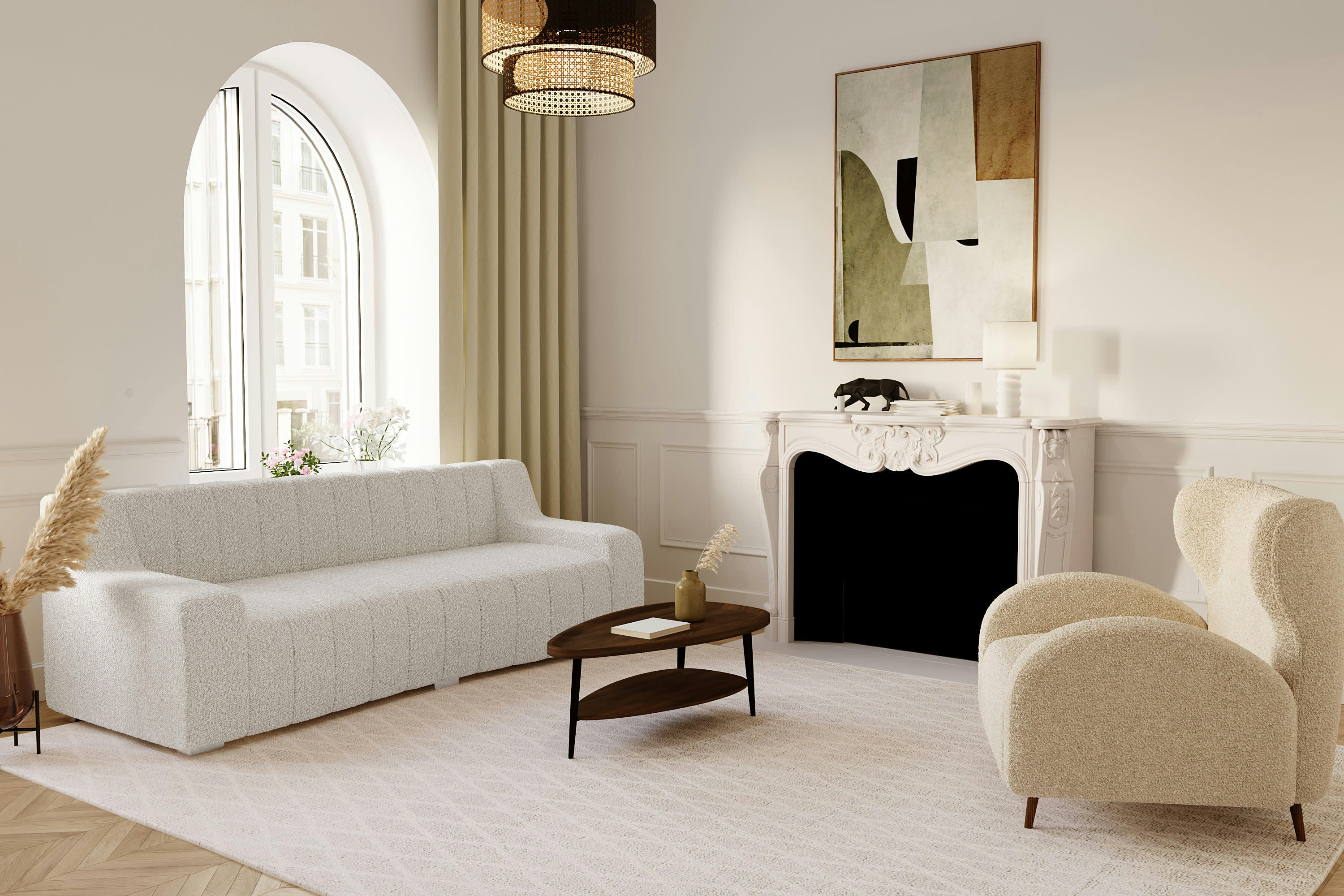 GARANCE - Canapé blanc tissu bouclette 3 places