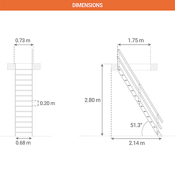 Escalier de meunier 13 marches - Hauteur à franchir 2.80m - Largeur 0,68 - 1 main-courante - COTTAGEJ-I-280