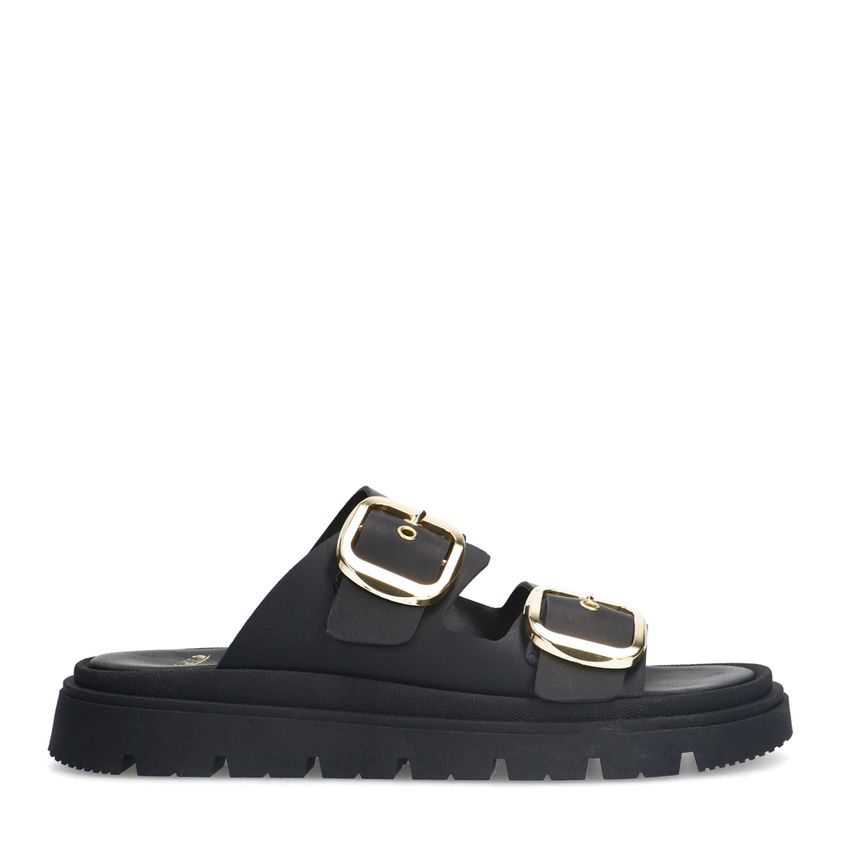 Manfield Zwarte leren slippers met gesp