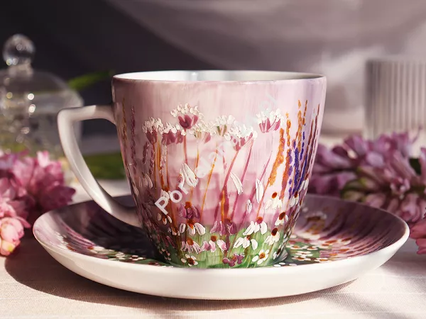 Filiżanka ze spodkiem 0,35 L / 17 cm ręcznie malowana - Łąka liliowa (7) DA.FS35-7