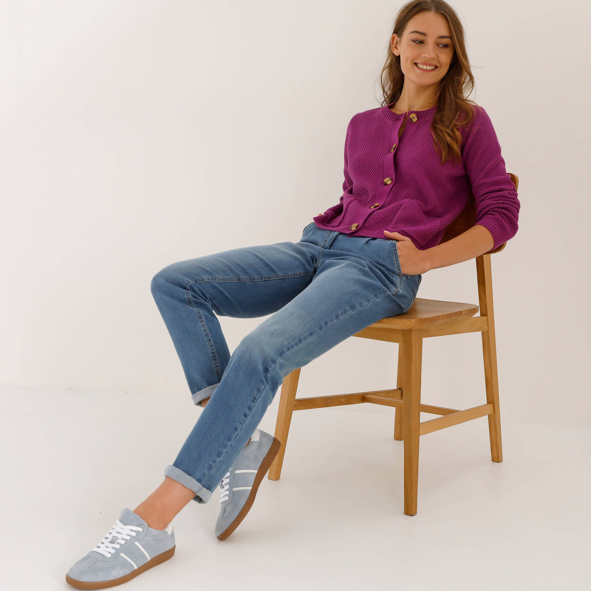 Gilet paletot maille fantaisie, boutons effet corne