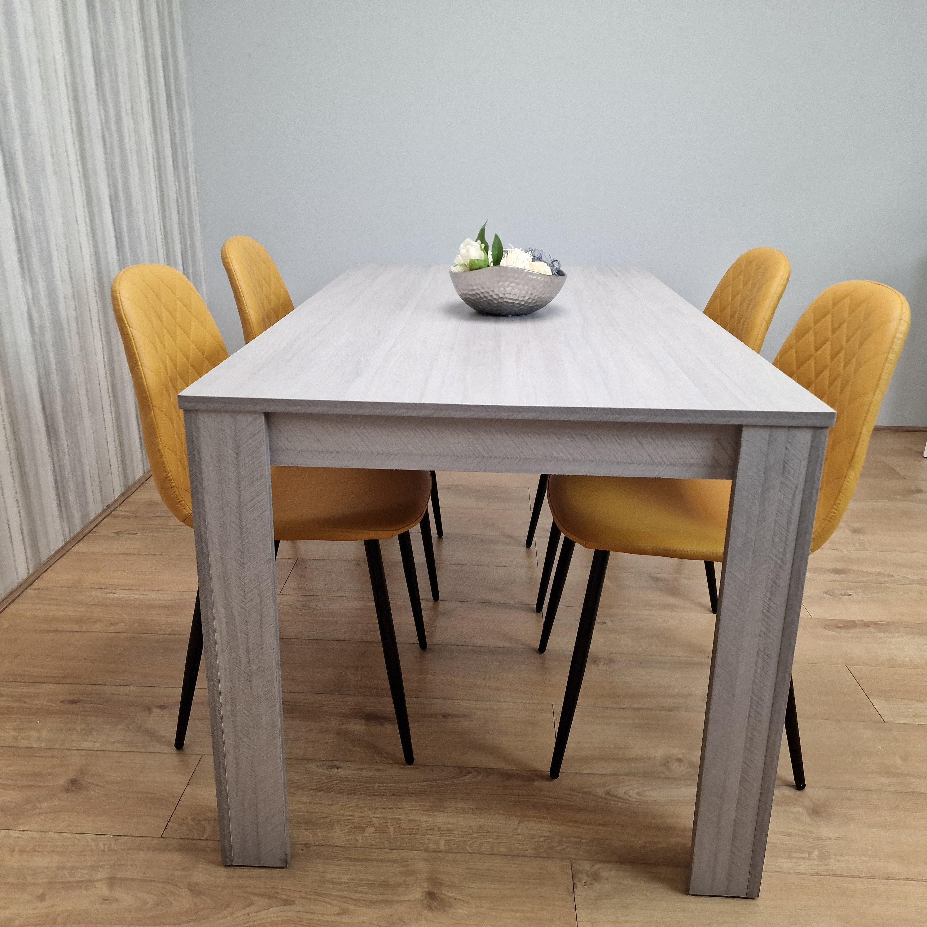 KOSY KOALA Grey Dining Table with 4 Mustard-Stitched Chairs Dining Room set