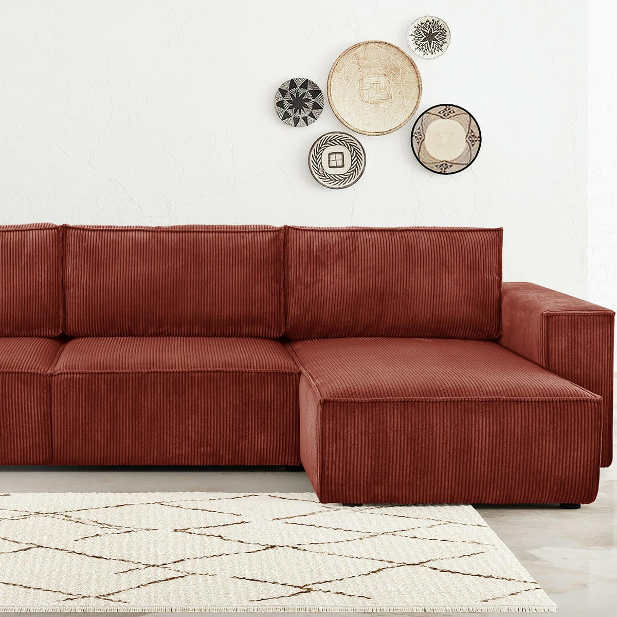 HARPER - Canapé d'angle convertible 5 places en velours côtelé rouille