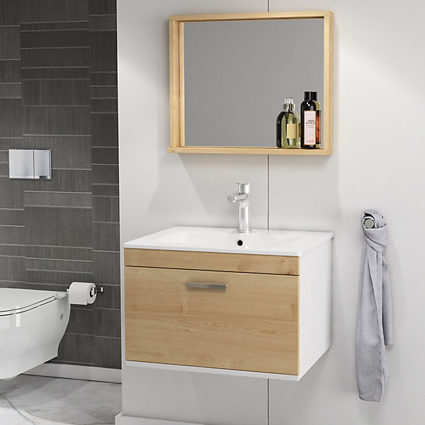 Meuble salle de bain simple vasque RUBITE 1 tiroir Chêne clair L. 80 cm   miroir cadre - Saniverre