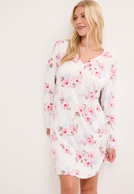 Womens Cream Floral Soft Touch Long Sleeve Nightdress