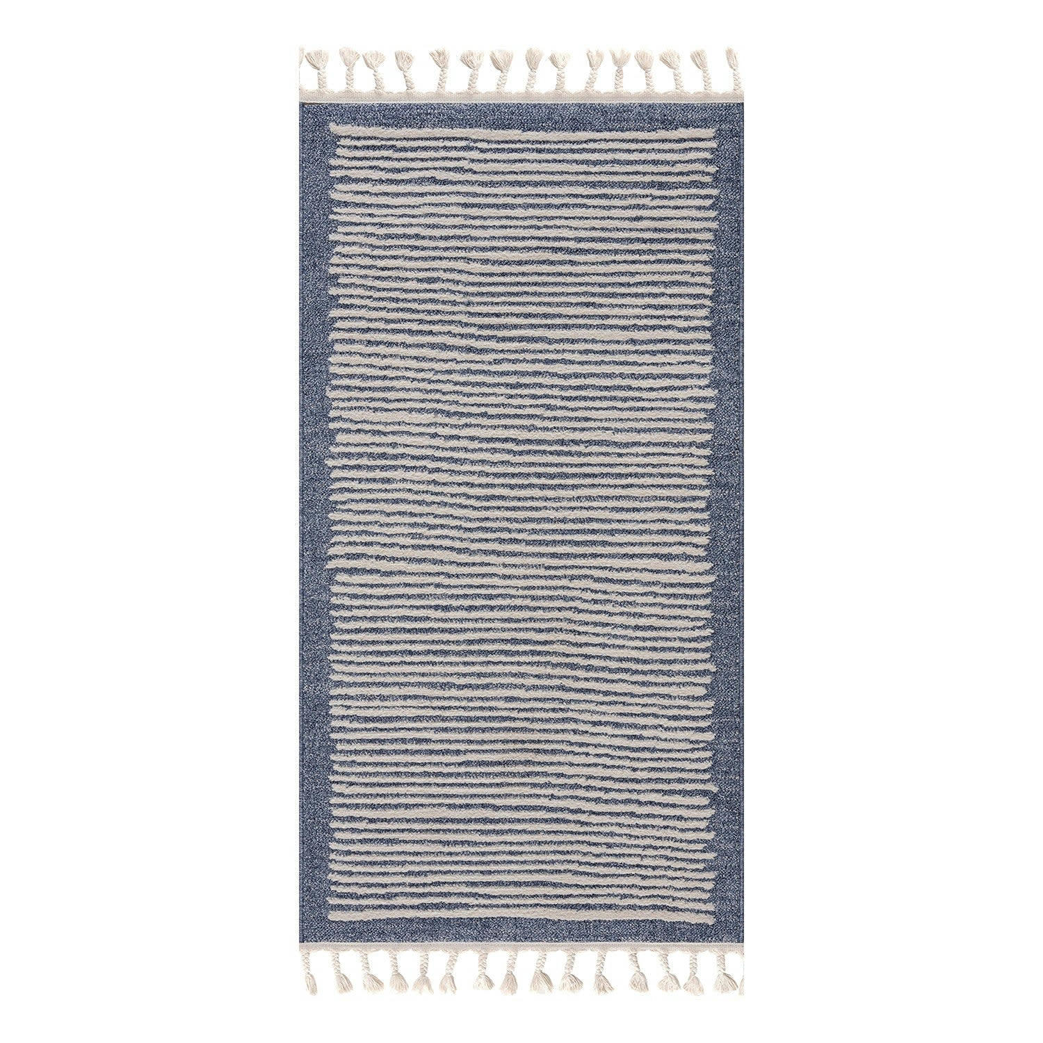 FLÄT - Tapis scandinave à franges tressées bleu et crème 80x300cm