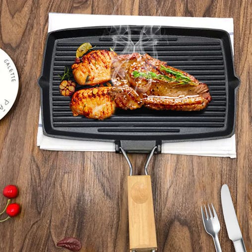 SOGA 20.5cm Rectangular Cast Iron Griddle Pan with Folding Wooden Handle