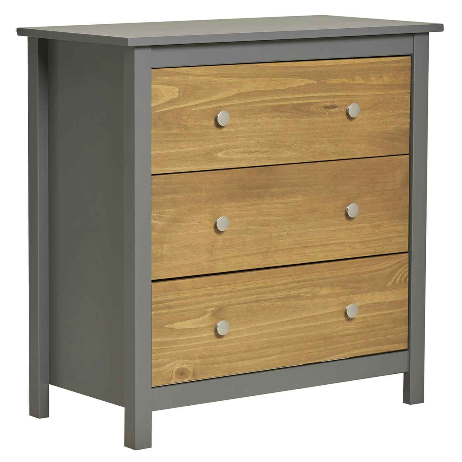 BONNIE - Commode gris 3 tiroirs, fabriqué en bois de pin massif