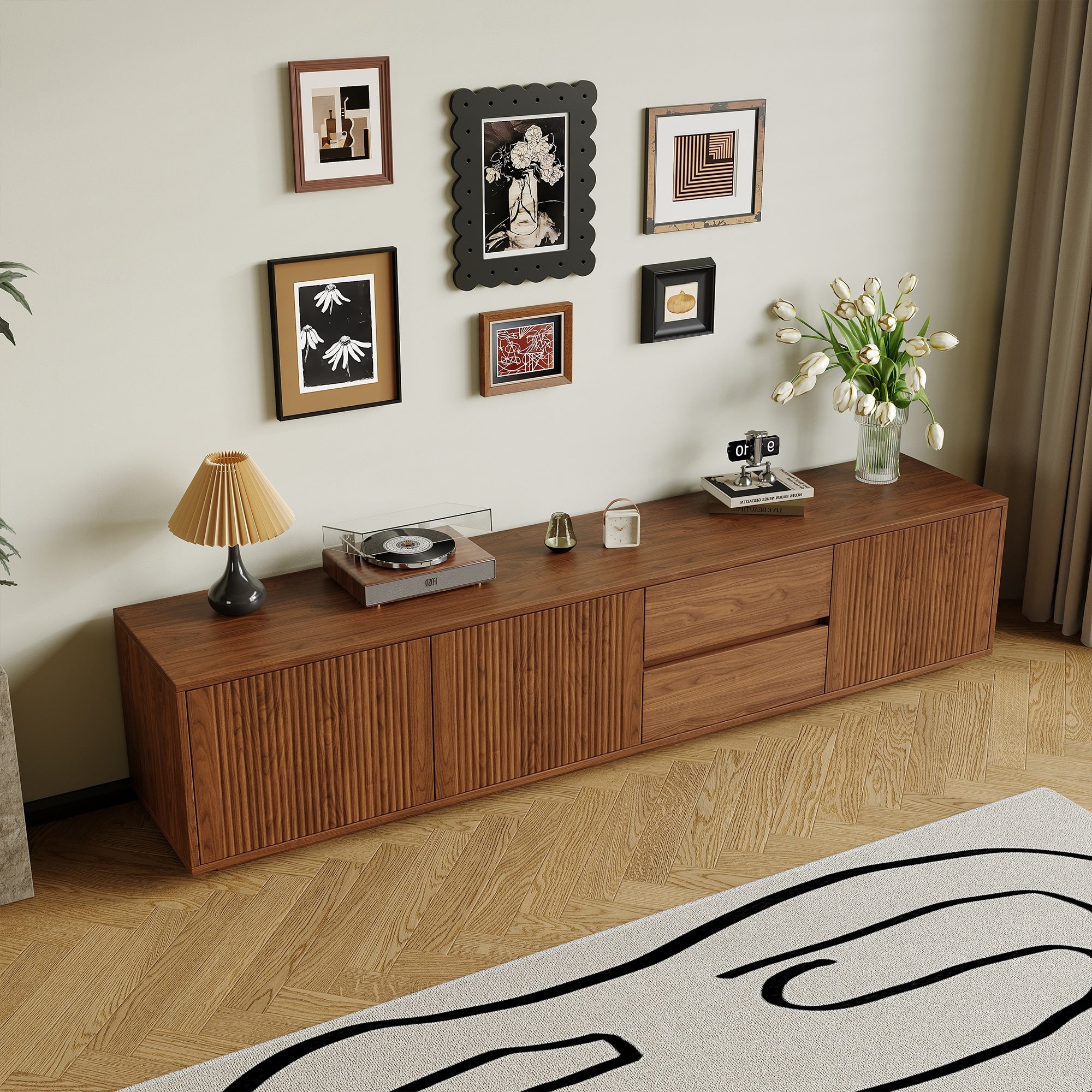 78.74 Mid Century Brown Wood TV Stands, 2 Drawers and Cabinets