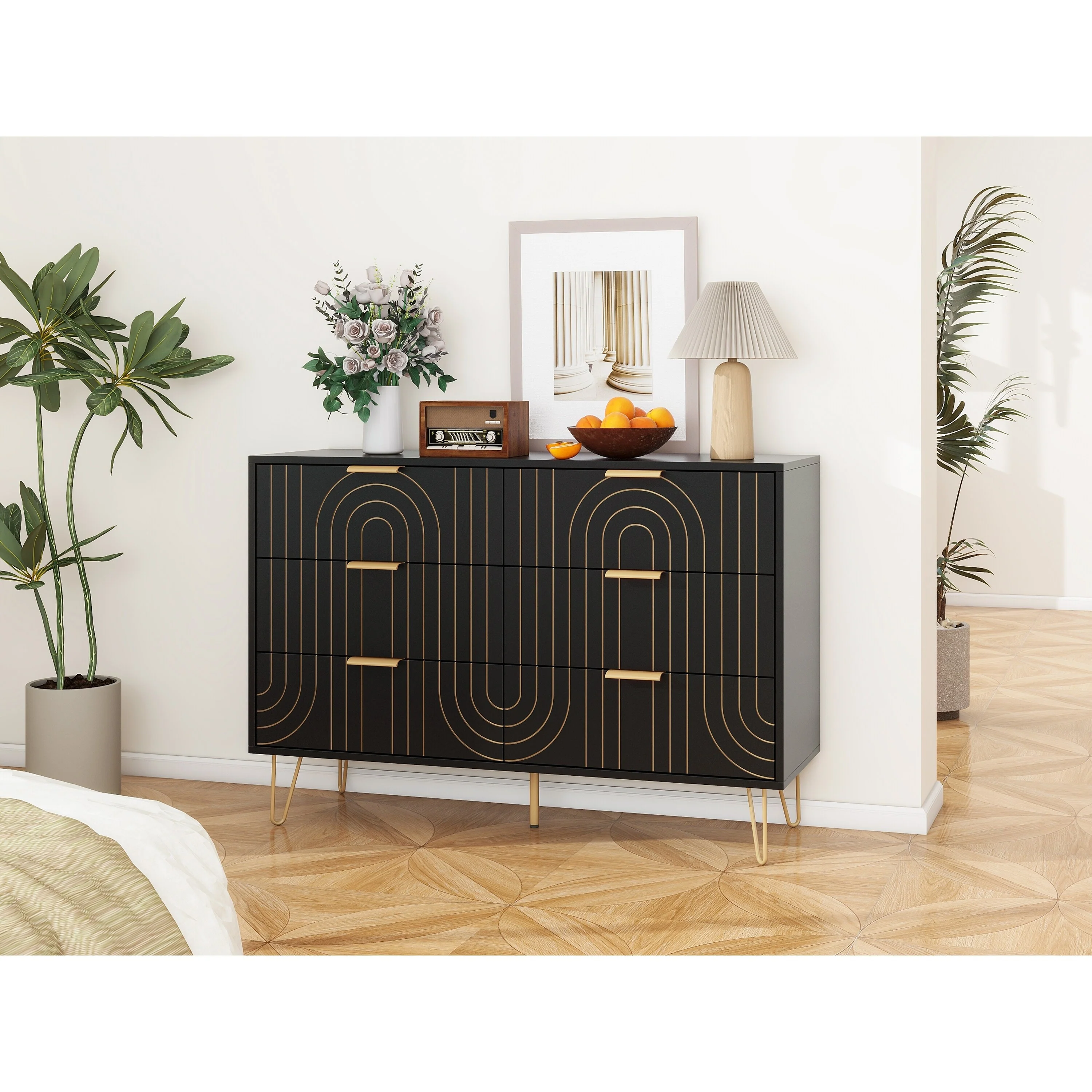 Modern 6-Drawer Double Dresser with Metal Golden Handles and Golden Leg, Storage Cabinet for Bedroom, Living Room