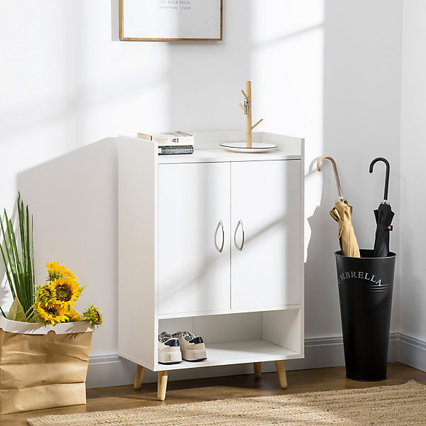 Meuble à chaussures scandinave placard 2 portes 4 étagères pieds effilés inclinés bois panneaux particules blanc
