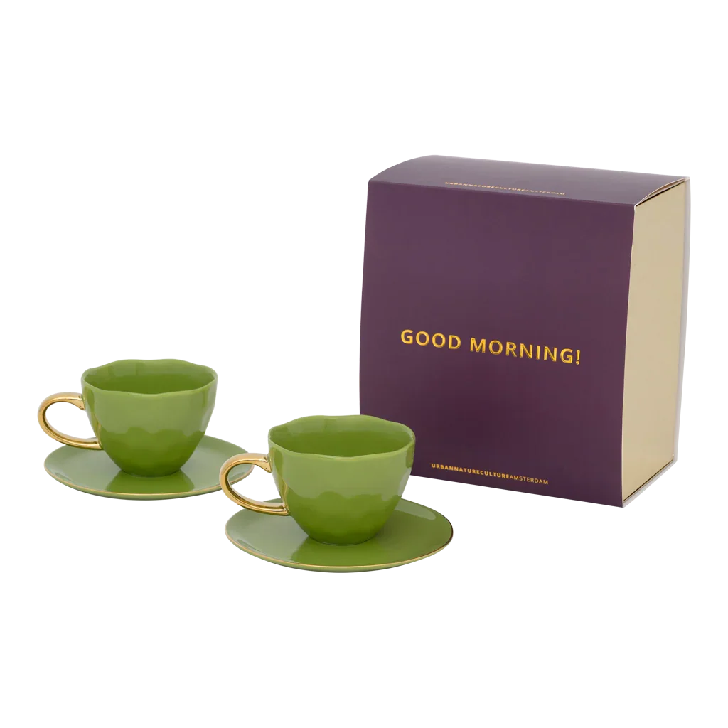 Urban Nature Culture Good Morning kopje Cappuccino/Tea en bord Evergreen Sprig - set van 4 - in cadeauverpakking